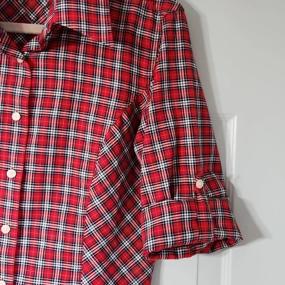 Tommy Hilfiger, Women's, Sz 10, Red, Black, White, Navy Plaid Blouse - Picture 5 of 8